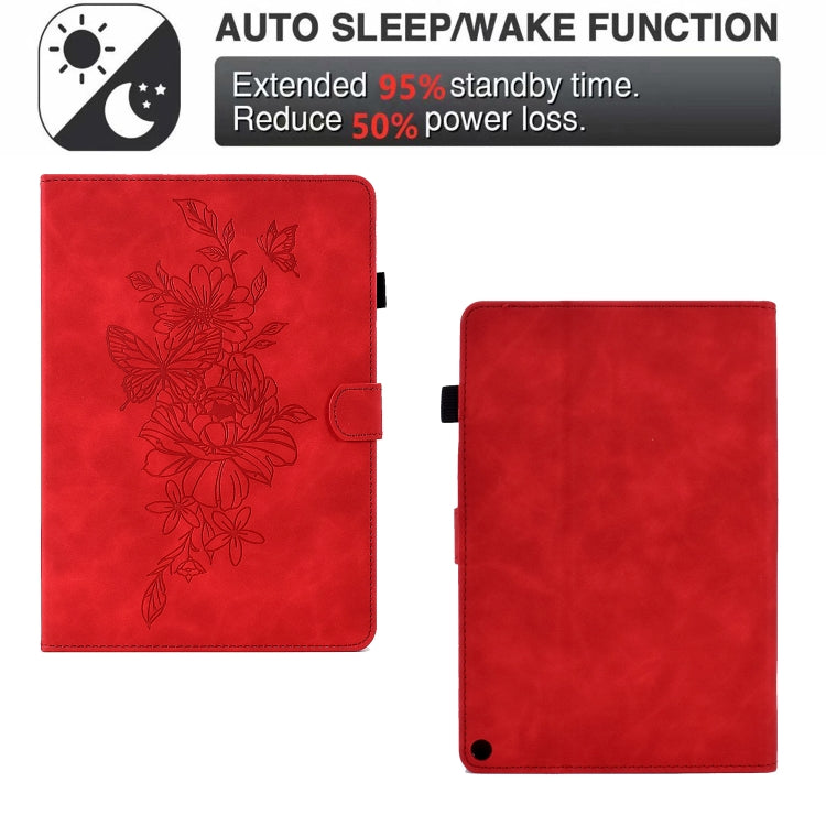 For Amazon Kindle Fire HD10 2021 Peony Butterfly Embossed Leather Smart Tablet Case(Red)