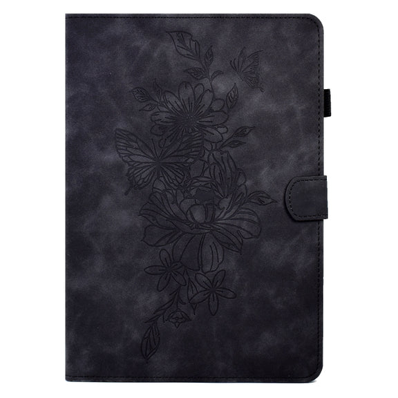 For Amazon Kindle Fire HD10 2021 Peony Butterfly Embossed Leather Smart Tablet Case(Black)