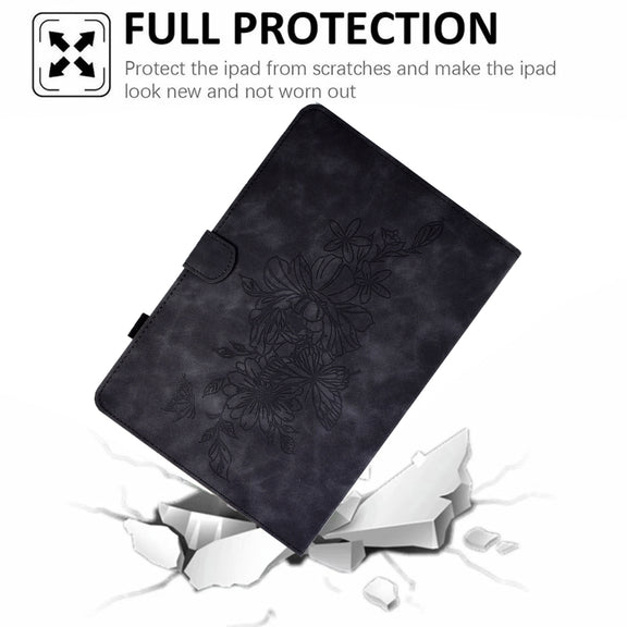 For Amazon Kindle Fire HD10 2021 Peony Butterfly Embossed Leather Smart Tablet Case(Black)