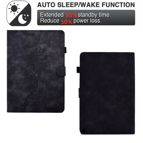 For Amazon Kindle Fire HD10 2021 Peony Butterfly Embossed Leather Smart Tablet Case(Black)
