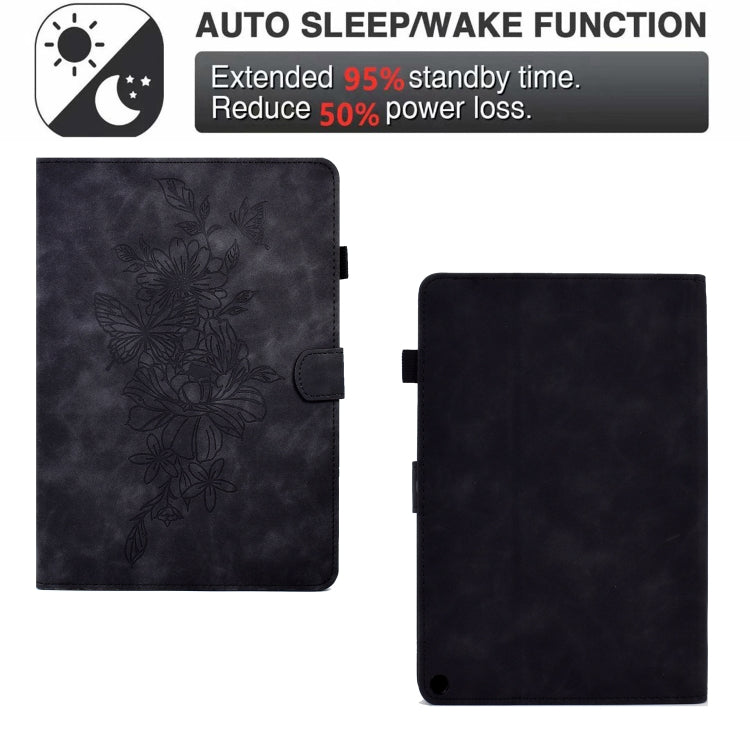 For Amazon Kindle Fire HD10 2021 Peony Butterfly Embossed Leather Smart Tablet Case(Black)