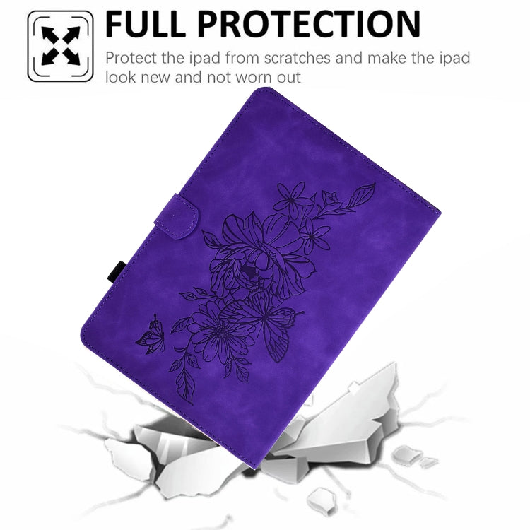 For Amazon Kindle Fire HD8 2018/2017/2016 Peony Butterfly Embossed Leather Smart Tablet Case(Purple)