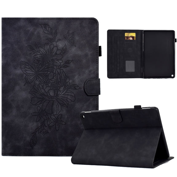 For Amazon Kindle Fire HD8 2020 Peony Butterfly Embossed Leather Smart Tablet Case(Black)