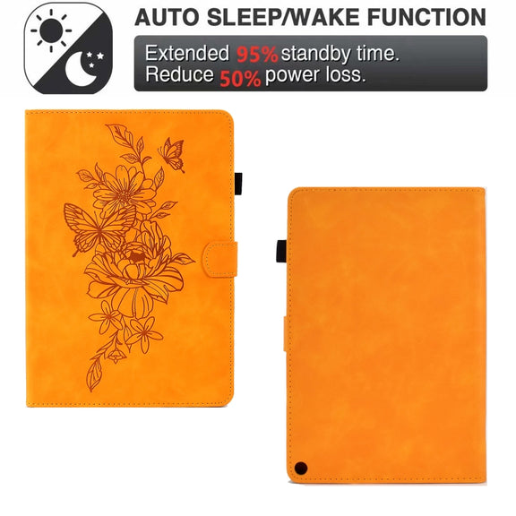 For Amazon Kindle Fire HD8 2020 Peony Butterfly Embossed Leather Smart Tablet Case(Khaki)