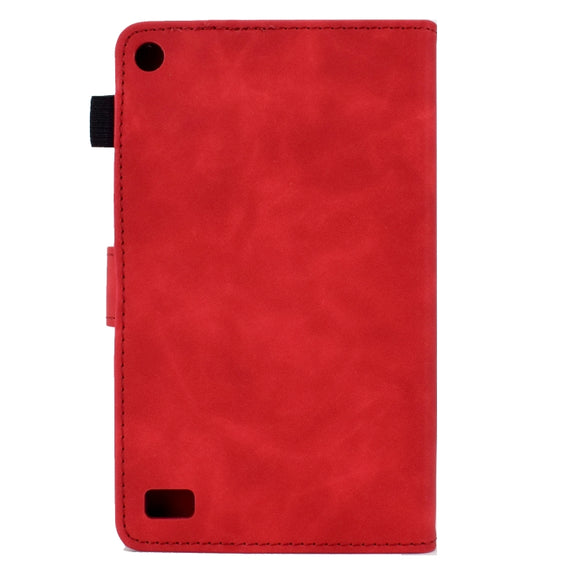For Amazon Kindle Fire 7 2019/2017/2015 Peony Butterfly Embossed Leather Smart Tablet Case(Red)