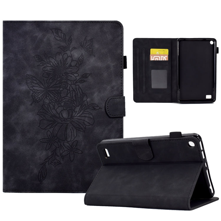 For Amazon Kindle Fire 7 2019/2017/2015 Peony Butterfly Embossed Leather Smart Tablet Case(Black) - Amazon by PMC TechLife | Online Shopping South Africa | PMC TechLife | Buy Now Pay Later Mobicred