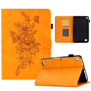 For Amazon Kindle Fire 7 2019/2017/2015 Peony Butterfly Embossed Leather Smart Tablet Case(Khaki)