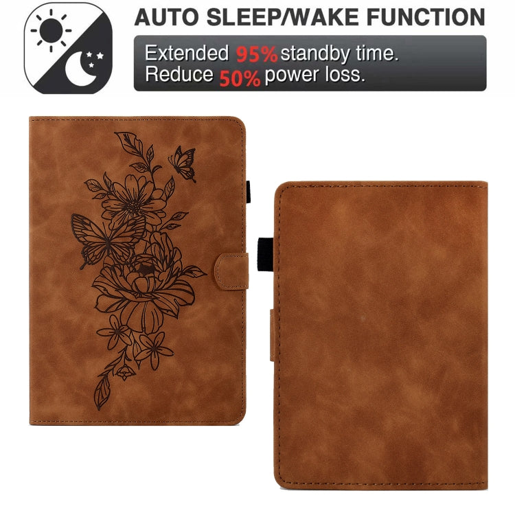 For Amazon Kindle Paperwhite 4/3/2/1 Peony Butterfly Embossed Leather Smart Tablet Case(Brown)