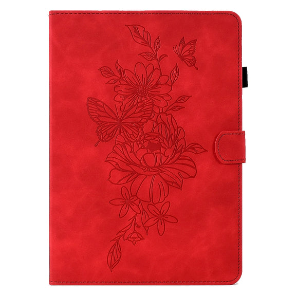 For Amazon Kindle Paperwhite 4/3/2/1 Peony Butterfly Embossed Leather Smart Tablet Case(Red)