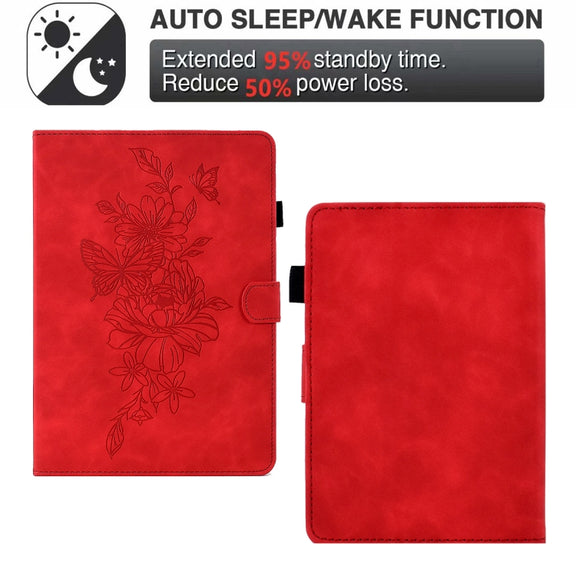 For Amazon Kindle Paperwhite 4/3/2/1 Peony Butterfly Embossed Leather Smart Tablet Case(Red)