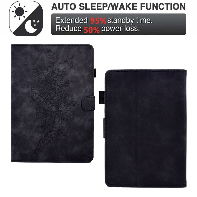 For Amazon Kindle Paperwhite 4/3/2/1 Peony Butterfly Embossed Leather Smart Tablet Case(Black)