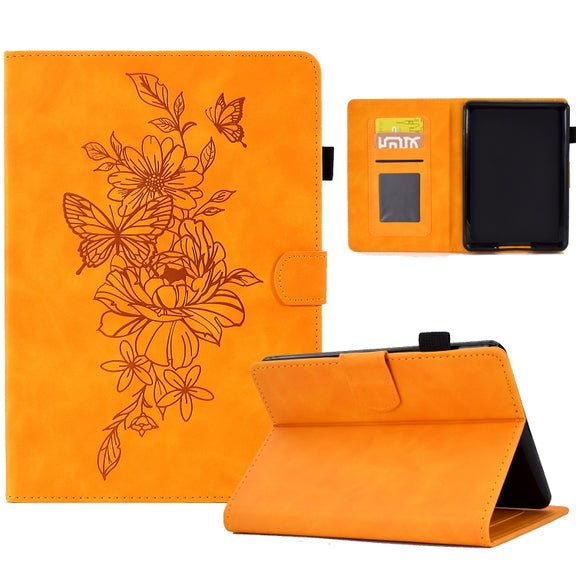 For Amazon Kindle Paperwhite 4/3/2/1 Peony Butterfly Embossed Leather Smart Tablet Case(Khaki)
