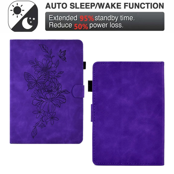 For Amazon Kindle Paperwhite 5 Peony Butterfly Embossed Leather Smart Tablet Case(Purple)