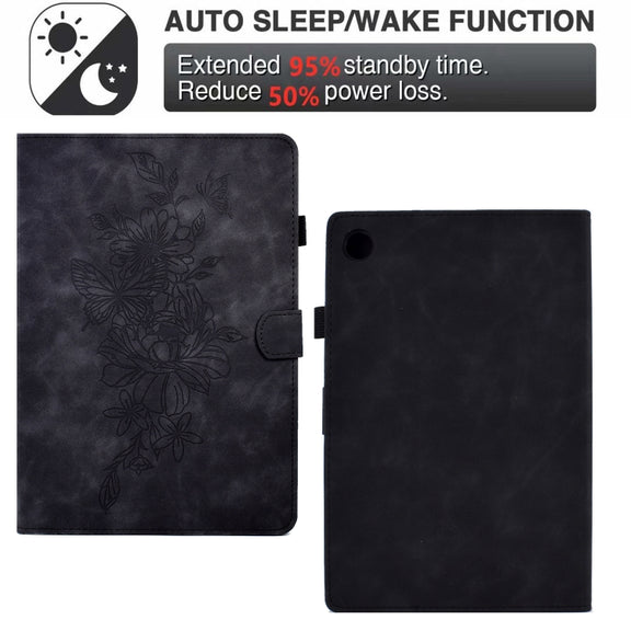 For Lenovo Tab M10 Plus 3rd Gen Peony Butterfly Embossed Leather Smart Tablet Case(Black)