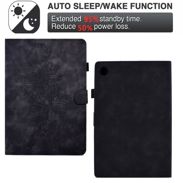 For Lenovo Tab M10 Plus 3rd Gen Peony Butterfly Embossed Leather Smart Tablet Case(Black)