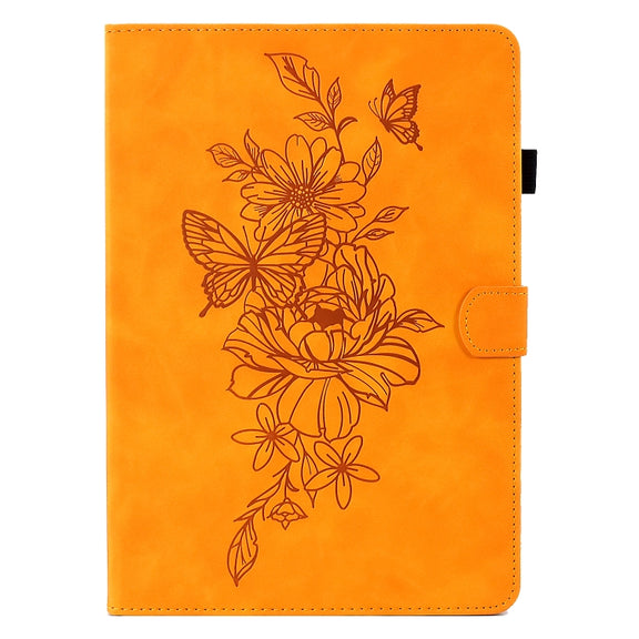 For Lenovo Tab M10 Plus 3rd Gen Peony Butterfly Embossed Leather Smart Tablet Case(Khaki)