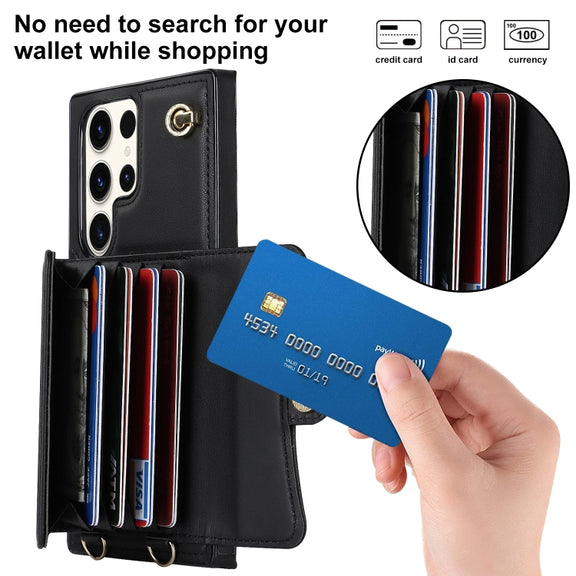 For Samsung Galaxy S23 Ultra 5G RFID Card Slot Leather Phone Case with Long Lanyard(Black)