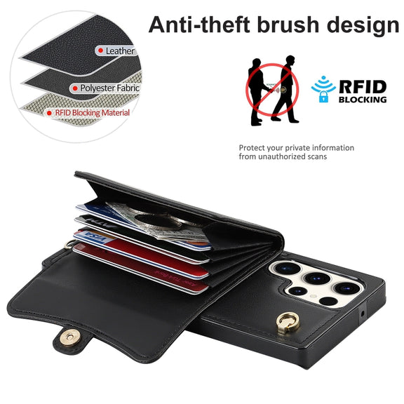 For Samsung Galaxy S23 Ultra 5G RFID Card Slot Leather Phone Case with Long Lanyard(Black)