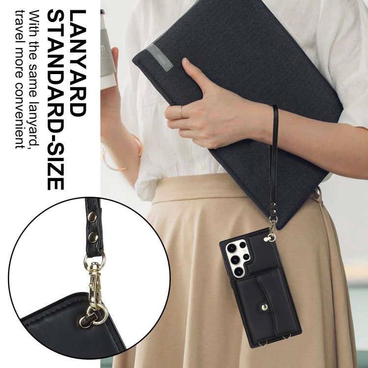For Samsung Galaxy S23 Ultra 5G RFID Card Slot Leather Phone Case with Long Lanyard(Black)