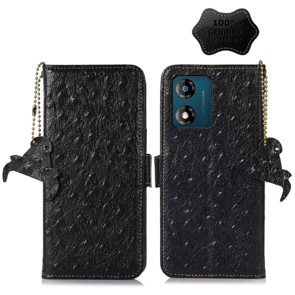 For Motorola Moto E13 4G 2023 Ostrich Pattern Genuine Leather RFID Phone Case(Black)