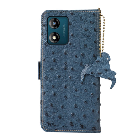 For Motorola Moto E13 4G 2023 Ostrich Pattern Genuine Leather RFID Phone Case(Blue)