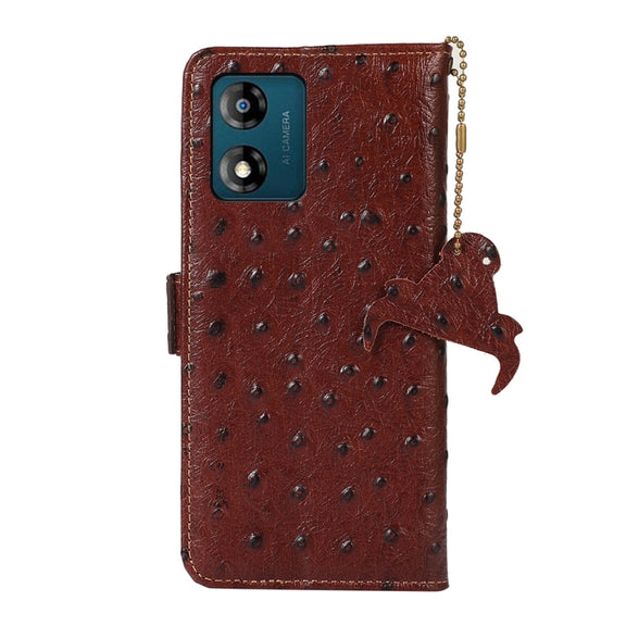 For Motorola Moto E13 4G 2023 Ostrich Pattern Genuine Leather RFID Phone Case(Coffee)