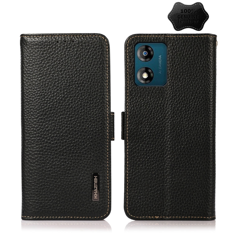 For Motorola Moto E13 2023 4G KHAZNEH Side-Magnetic Litchi Genuine Leather RFID Phone Case(Black) - Motorola Cases by PMC TechLife | Online Shopping South Africa | PMC TechLife | Buy Now Pay Later Mobicred