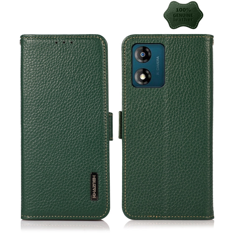 For Motorola Moto E13 2023 4G KHAZNEH Side-Magnetic Litchi Genuine Leather RFID Phone Case(Green) - Motorola Cases by PMC TechLife | Online Shopping South Africa | PMC TechLife | Buy Now Pay Later Mobicred