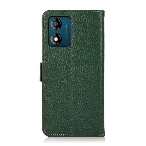 For Motorola Moto E13 2023 4G KHAZNEH Side-Magnetic Litchi Genuine Leather RFID Phone Case(Green)