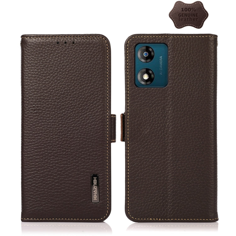 For Motorola Moto E13 2023 4G KHAZNEH Side-Magnetic Litchi Genuine Leather RFID Phone Case(Brown) - Motorola Cases by PMC TechLife | Online Shopping South Africa | PMC TechLife | Buy Now Pay Later Mobicred