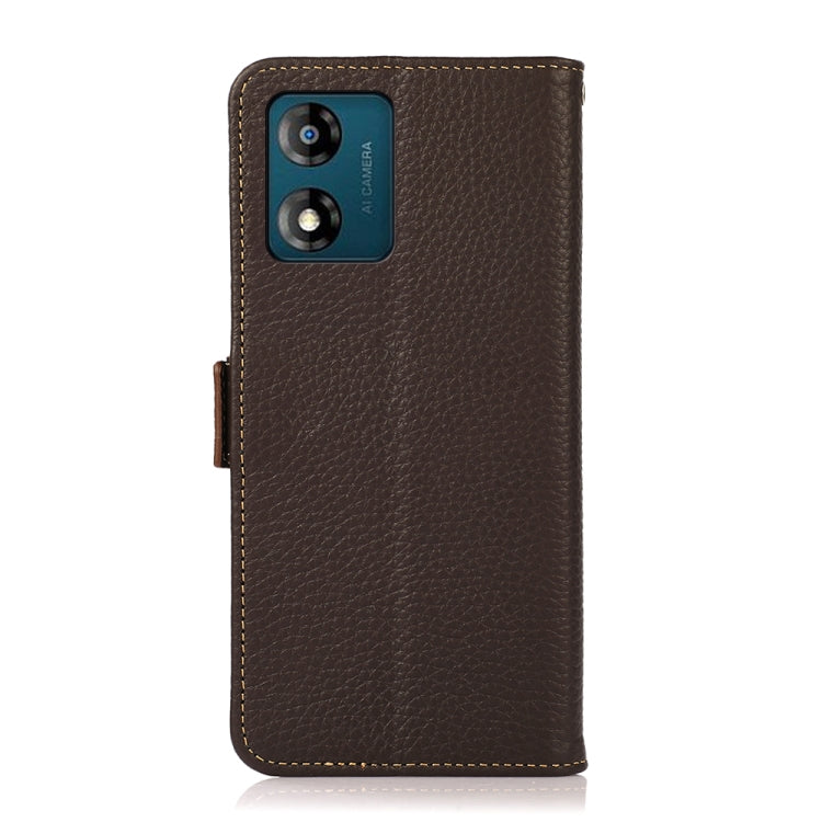 For Motorola Moto E13 2023 4G KHAZNEH Side-Magnetic Litchi Genuine Leather RFID Phone Case(Brown) - Motorola Cases by PMC TechLife | Online Shopping South Africa | PMC TechLife | Buy Now Pay Later Mobicred