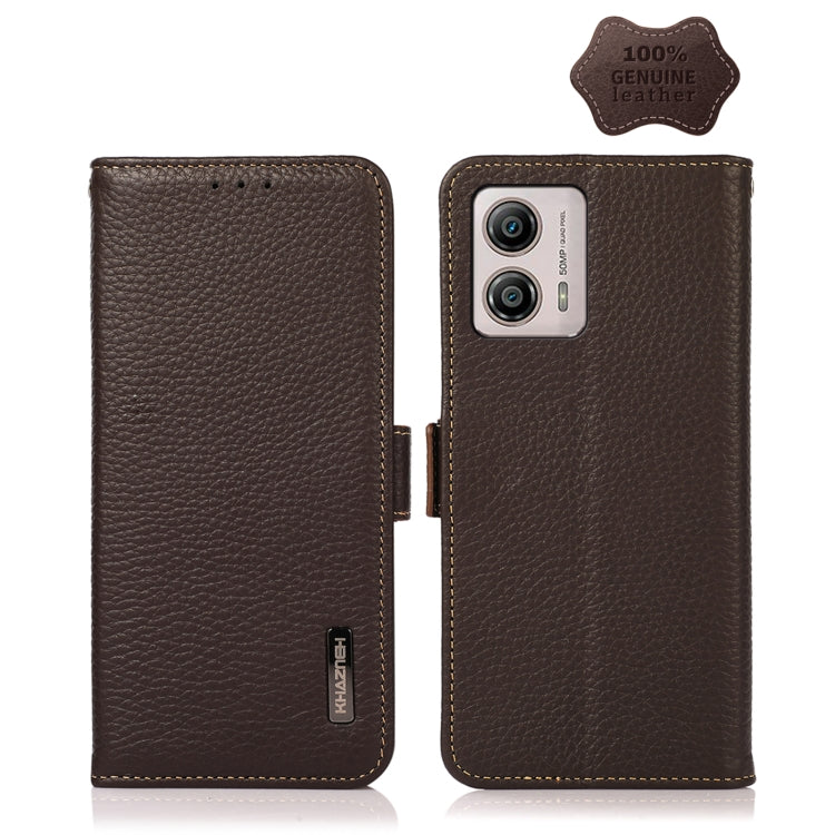 For Motorola Moto G13 / G23 / G53 5G KHAZNEH Side-Magnetic Litchi Genuine Leather RFID Phone Case(Brown) - Motorola Cases by PMC TechLife | Online Shopping South Africa | PMC TechLife | Buy Now Pay Later Mobicred