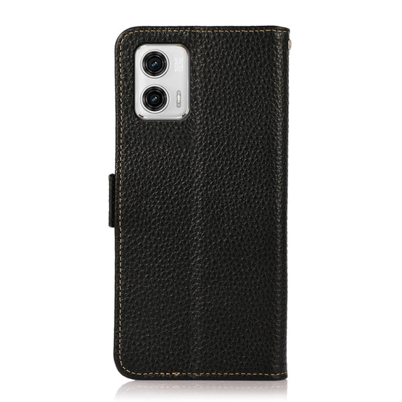 For Motorola Moto G73 5G KHAZNEH Side-Magnetic Litchi Genuine Leather RFID Phone Case(Black)