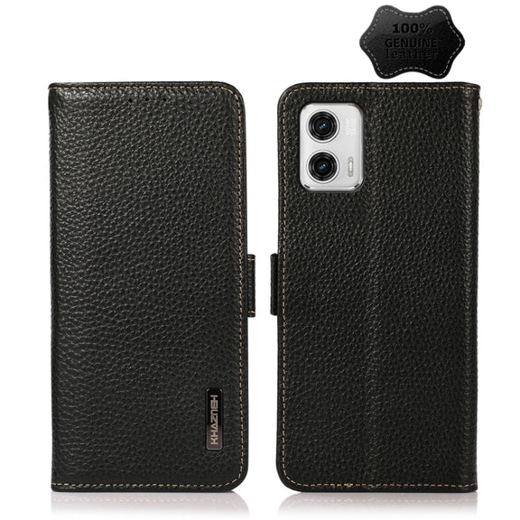 For Motorola Moto G73 5G KHAZNEH Side-Magnetic Litchi Genuine Leather RFID Phone Case(Black)