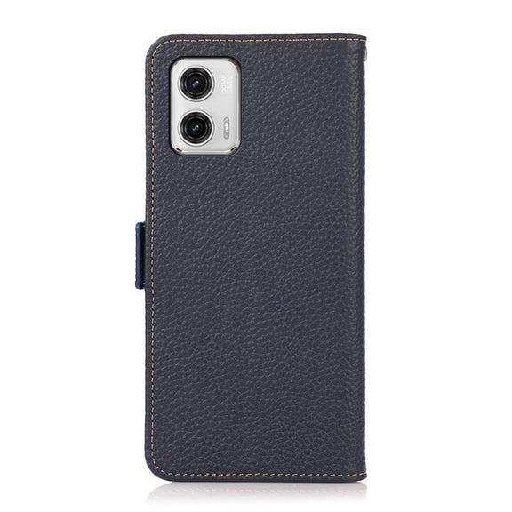 For Motorola Moto G73 5G KHAZNEH Side-Magnetic Litchi Genuine Leather RFID Phone Case(Blue)