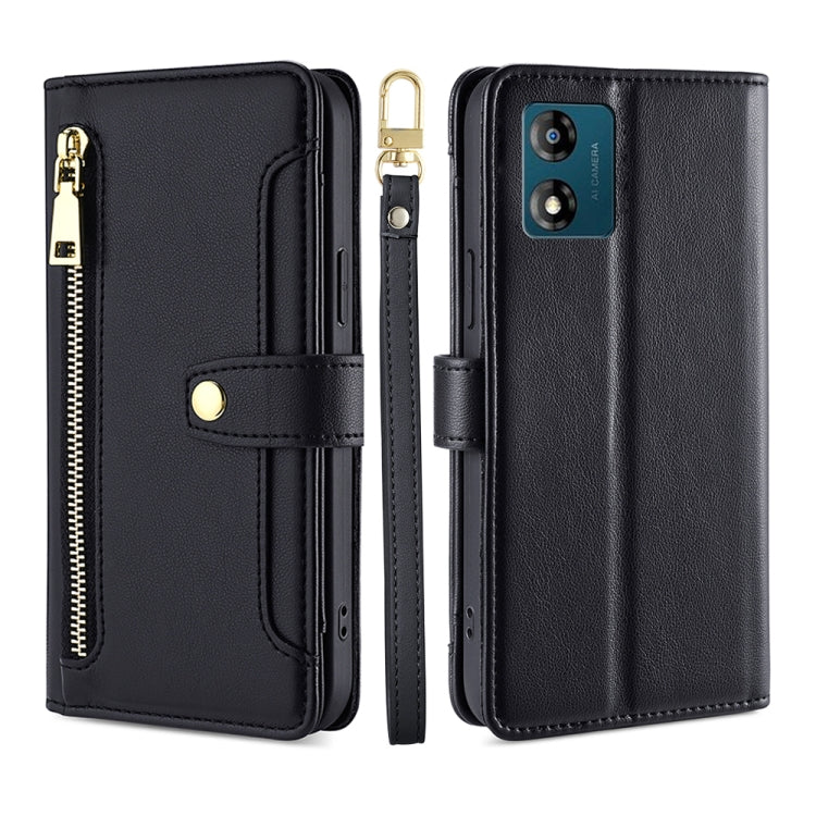 For Motorola Moto E13 4G Sheep Texture Cross-body Zipper Wallet Leather Phone Case(Black) - Motorola Cases by PMC TechLife | Online Shopping South Africa | PMC TechLife | Buy Now Pay Later Mobicred