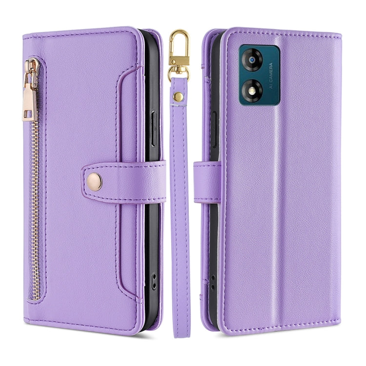 For Motorola Moto E13 4G Sheep Texture Cross-body Zipper Wallet Leather Phone Case(Purple) - Motorola Cases by PMC TechLife | Online Shopping South Africa | PMC TechLife | Buy Now Pay Later Mobicred