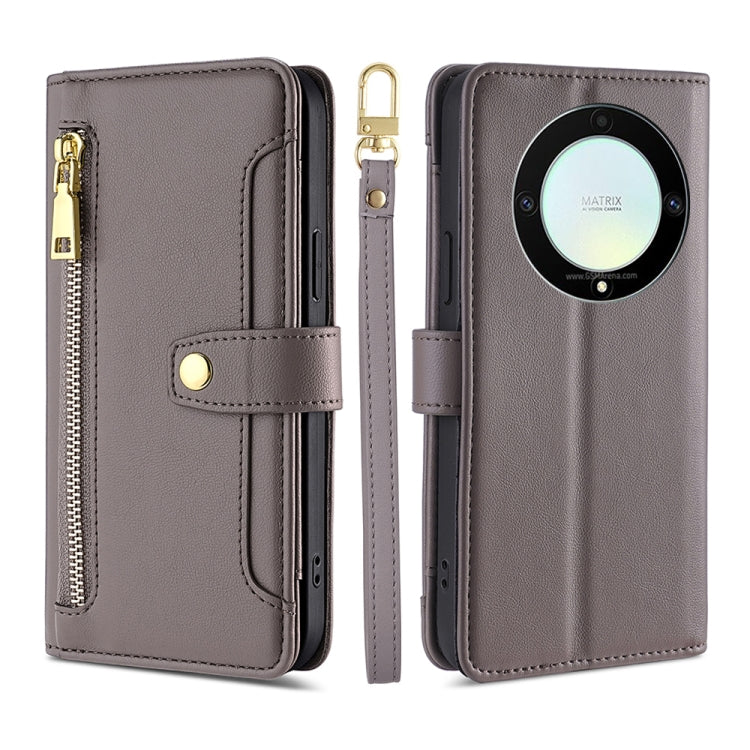 For Honor X9a 5G Sheep Texture Cross-body Zipper Wallet Leather Phone Case(Grey) - Honor Cases by PMC TechLife | Online Shopping South Africa | PMC TechLife | Buy Now Pay Later Mobicred
