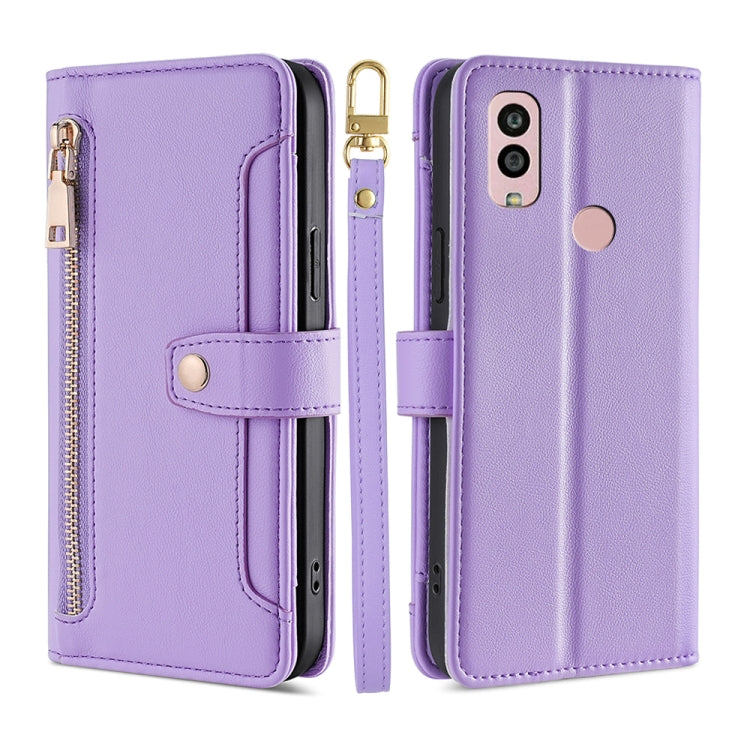 For Kyocera Android One S10 Sheep Texture Cross-body Zipper Wallet Leather Phone Case(Purple) - More Brand by PMC TechLife | Online Shopping South Africa | PMC TechLife | Buy Now Pay Later Mobicred