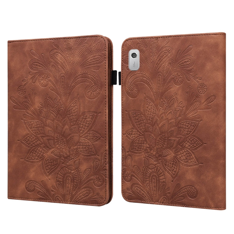 For Lenovo Tab M9 Lace Flower Embossing Pattern Leather Tablet Case(Brown) - Lenovo by PMC TechLife | Online Shopping South Africa | PMC TechLife | Buy Now Pay Later Mobicred