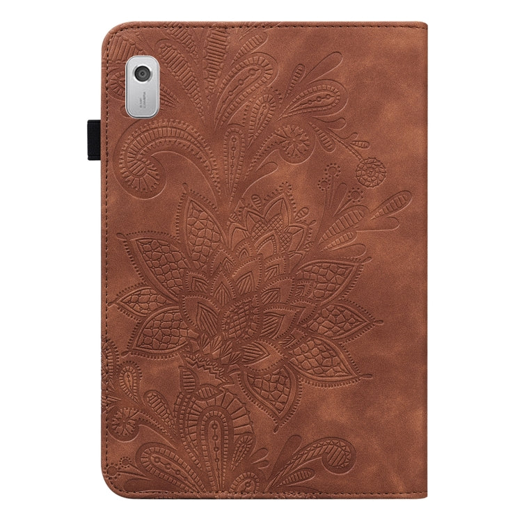 For Lenovo Tab M9 Lace Flower Embossing Pattern Leather Tablet Case(Brown) - Lenovo by PMC TechLife | Online Shopping South Africa | PMC TechLife | Buy Now Pay Later Mobicred