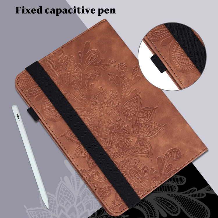 For Lenovo Tab M9 Lace Flower Embossing Pattern Leather Tablet Case(Brown) - Lenovo by PMC TechLife | Online Shopping South Africa | PMC TechLife | Buy Now Pay Later Mobicred