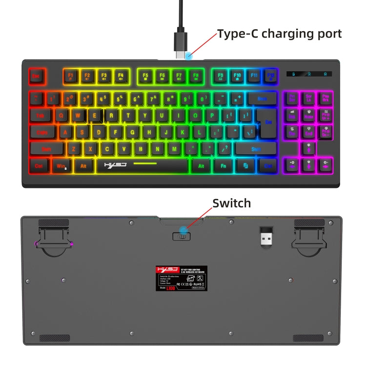 HXSJ L100 87 Keys RGB Backlit Film 2.4G Wireless Keyboard(Black) - Wireless Keyboard by HXSJ | Online Shopping South Africa | PMC TechLife | Buy Now Pay Later Mobicred