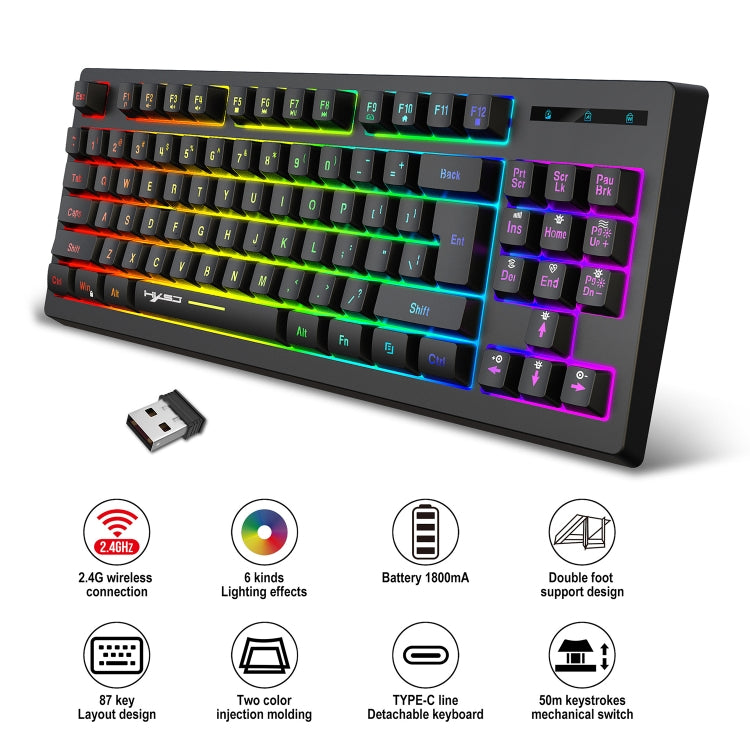 HXSJ L100 87 Keys RGB Backlit Film 2.4G Wireless Keyboard(Black) - Wireless Keyboard by HXSJ | Online Shopping South Africa | PMC TechLife | Buy Now Pay Later Mobicred