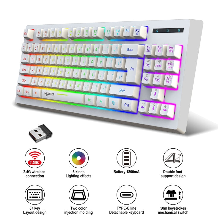HXSJ L100 87 Keys RGB Backlit Film 2.4G Wireless Keyboard(White) - free shipping - PMC Jewellery - Order now!
