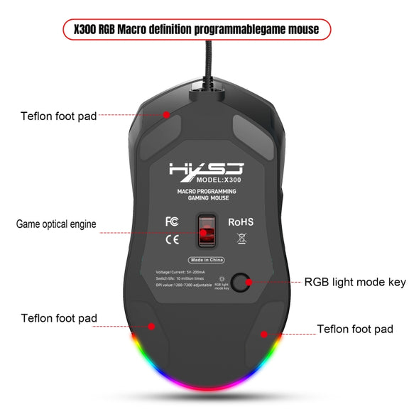 HXSJ X300 7200DPI RGB Backlight Interchangeable Back Cover Hole Gaming Wired Mouse(Black)