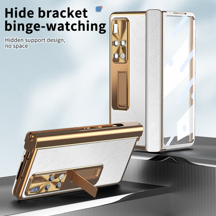 For Huawei Mate X2 Litchi Pattern Magnetic Shell Film Integrated Shockproof Phone Case(Silver Gold)