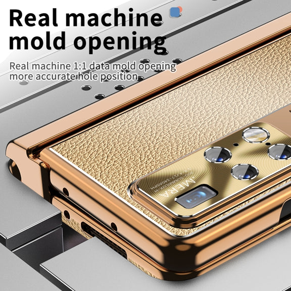 For Huawei Mate X2 Litchi Pattern Magnetic Shell Film Integrated Shockproof Phone Case(Gold)
