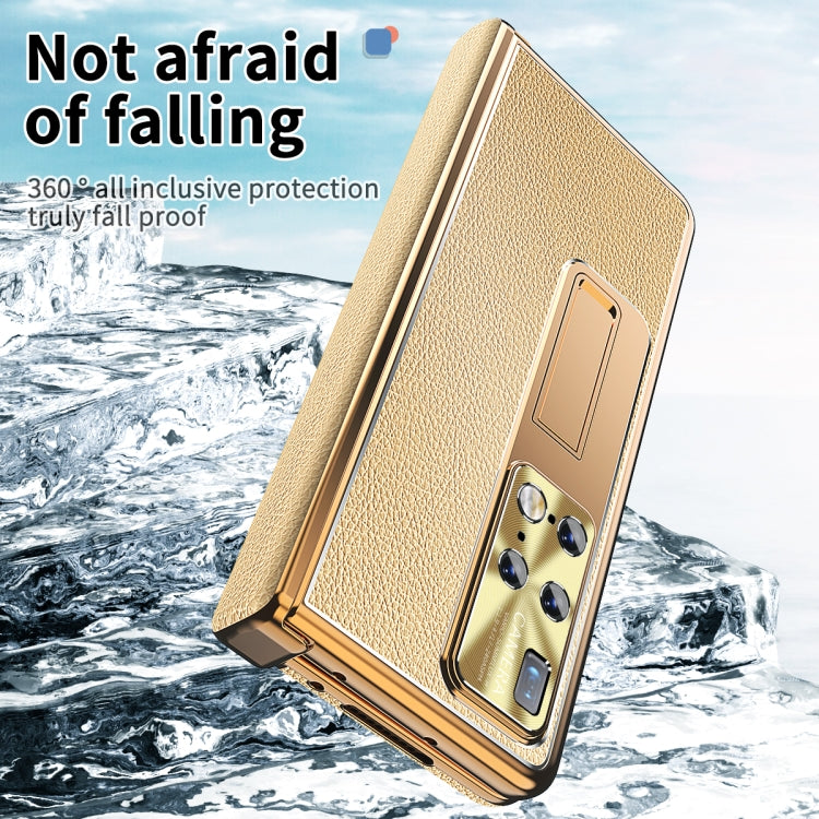 For Huawei Mate X2 Litchi Pattern Magnetic Shell Film Integrated Shockproof Phone Case(Gold)