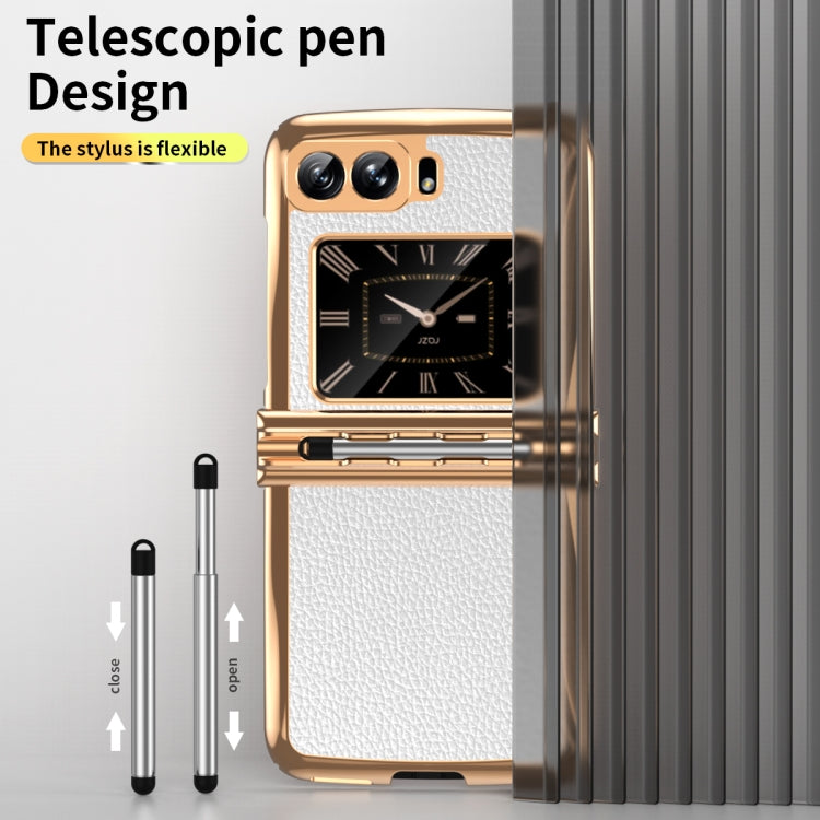 For Motorola Razr 2022 Foldable Electroplated Plain Leather Phone Case with Stylus(White) - Motorola Cases by PMC TechLife | Online Shopping South Africa | PMC TechLife | Buy Now Pay Later Mobicred